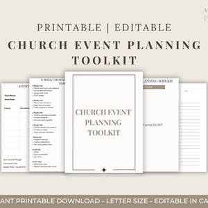 Puede incluir: Un conjunto de documentos imprimibles y editables del Church Event Planning Toolkit. El título se muestra en una fuente serif. Los documentos incluyen listas de verificación, cronogramas y hojas de presupuesto. La combinación de colores es neutra.