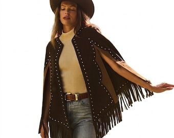 Vintage 70-tals mockafransad kappa för kvinnor - handgjord västerländsk läderponcho - boho hippie festivalsjal - västerländsk cowgirlkappa