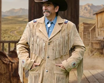 Crockett Handmade Native American Style Beaded Leather Jacket, Old West Fringe Suede Coat, Cowhide Cowboy Jacket, Handcrafted Beaded Regalia