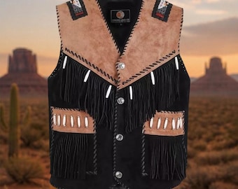 Handmade Plains Indian Beaded Suede Leather Fringe Vest | Native American Inspired Western Buckskin Vest | Tribal Festival Leather Clothing
