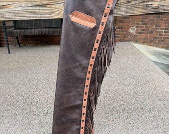 Custom Made Distressed Leather Shotgun Chaps, Unisex Hand Tooled Tops Chaps with Fringe, Cowboy Show Chaps, Rodeo Outfit, Western Wear