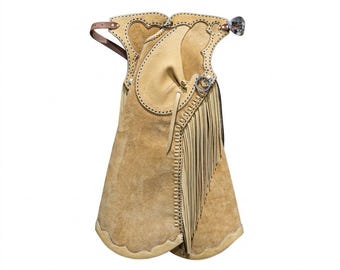 Handsydda Arizona Bells-leggings med mockafransar – Arizona Bell Step-in-chaps, specialanpassad utrustning i äkta läder för rodeos och ridning