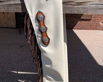 Custom Made Top Grain Leather Shotgun Chaps, Unisex Handmade Floral Tooled Tops Fringe Chaps, Cowboy Show Chaps, Rodeo Outfit, Western Wear