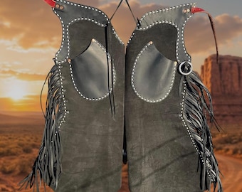 Hand-stitched Suede Fringe Arizona Bells Leggings – Arizona Bell Step-in Chaps, Genuine Leather Custom Gear for Rodeos and Horseback Riding