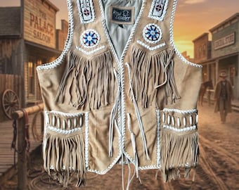 Handmade Plains Indian Beaded Suede Leather Fringe Vest | Native American Inspired Western Buckskin Vest | Tribal Festival Leather Clothing
