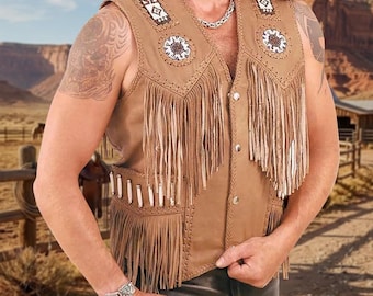 Handmade Indian Beaded Cowhide Leather Fringe Biker Vest | Native American Inspired Western Buckskin Vest | Tribal Festival Leather Clothing
