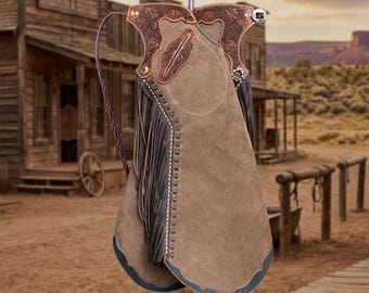 Hand-Tooling Suede Fringe Arizona Bells Leggings – Arizona Bell Step-in Chaps, Genuine Leather Custom Gear for Rodeos and Horseback Riding