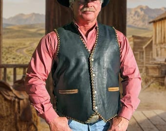 Old Western Handmade Leather Vest with Buffalo Patch | Native American Inspired Western Buckskin Vest | Cowboy Festival Leather Clothing