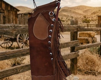Hand-stitched Suede Fringe Arizona Bells Leggings – Arizona Bell Step-in Chaps, Genuine Leather Custom Gear for Rodeos and Horseback Riding