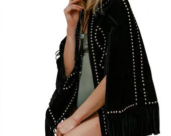 Vintage 70-tals mockafransad kappa för kvinnor - handgjord västerländsk läderponcho - boho hippie festivalsjal - västerländsk cowgirlkappa