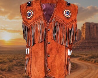 Handmade Plains Indian Beaded Suede Leather Fringe Vest | Native American Inspired Western Buckskin Vest | Tribal Festival Leather Clothing