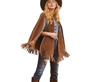 Vintage 70-tals mockakappa med fransar för kvinnor - Handgjord västerländsk läderponcho - Boho hippie festivalsjal - Brun mockacowgirlkapa