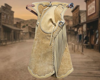Hand-stitched Suede Fringe Arizona Bells Leggings – Arizona Bell Step-in Chaps, Genuine Leather Custom Gear for Rodeos and Horseback Riding
