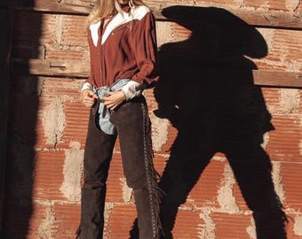 Western Wear Cowgirl Mocka Chaps med fransar, Buck stitch Mocka Chaps med tofsar, Ridchaps, Damchaps för ridning, Rodeo Outfit Dam