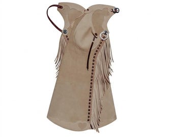 Handsydda Arizona Bells-leggings med mockafransar – Arizona Bell Step-in-chaps, specialanpassad utrustning i äkta läder för rodeos och ridning