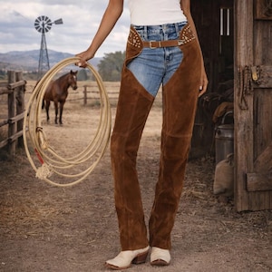 Handmade Riding Chaps, Understated Leather Women's Star Studded Tan Suede Paris Texas Chaps Cowgirl Leggings, Rodeo Queen Pants Western Wear