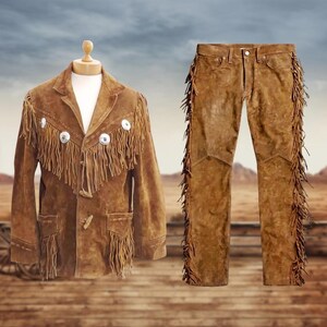 Old West Buckskin Suede Fringe Suit - Mountain Man Rendezvous Pants & Jacket - 18th Century Clothing - Mens Native American Indian Clothes