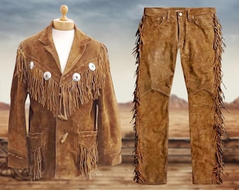 Old West Buckskin Suede Fringe Suit - Mountain Man Rendezvous Pants & Jacket - 18th Century Clothing - Mens Native American Indian Clothes
