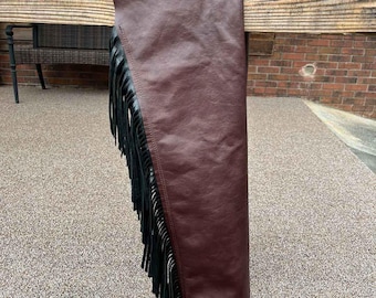 Custom Made Leather Shotgun Chaps, Unisex Hand Tooled Tops Chaps with Fringe, Cowboy Show Chaps, Rodeo Outfit, Western Wear