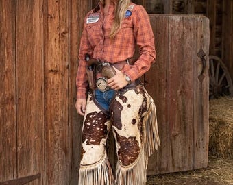 Hår-på-hud-chinks Western Cowgirl Chaps, Anpassade Äkta Kohuds Rodeo Leggings Kohuds Läderchinks, Rodeoutrustning, Ridchaps