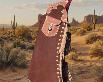 Hand-stitched Suede Fringe Arizona Bells Leggings – Arizona Bell Step-in Chaps, Genuine Leather Custom Gear for Rodeos and Horseback Riding