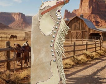 Hand-stitched Suede Fringe Arizona Bells Leggings – Arizona Bell Step-in Chaps, Genuine Leather Custom Gear for Rodeos and Horseback Riding