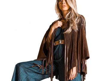 Vintage 70-tals mockakappa med fransar för kvinnor - Handgjord västerländsk läderponcho - Boho hippie festivalsjal - Brun mockacowgirlkapa