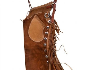 Handsydda Arizona Bells-leggings med mockafransar – Arizona Bell Step-in-chaps, specialanpassad utrustning i äkta läder för rodeos och ridning