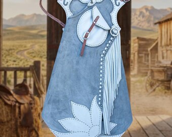 Hand-stitched Suede Fringe Arizona Bells Leggings – Arizona Bell Step-in Chaps, Genuine Leather Custom Gear for Rodeos and Horseback Riding