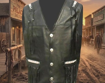 Handmade Indian Beaded Cowhide Leather Fringe Biker Vest | Native American Inspired Western Buckskin Vest | Tribal Festival Leather Clothing
