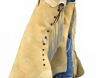 Handsydda Arizona Bells-leggings med mockafransar – Arizona Bell Step-in-chaps, specialanpassad utrustning i äkta läder för rodeos och ridning
