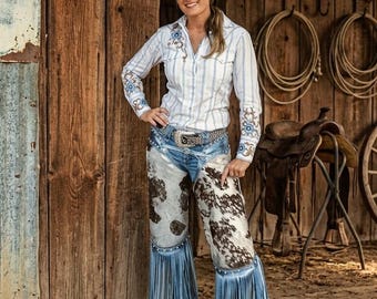 Hår-på-hud-chinks Western Cowgirl Chaps, Anpassade Äkta Kohuds Rodeo Leggings Kohuds Läderchinks, Rodeoutrustning, Ridchaps