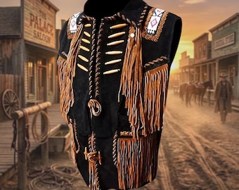 Handmade Plains Indian Beaded Suede Leather Fringe Vest | Native American Inspired Western Buckskin Vest | Tribal Festival Leather Clothing