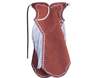 Handsydda Arizona Bells-leggings med mockafransar – Arizona Bell Step-in-chaps, specialanpassad utrustning i äkta läder för rodeos och ridning