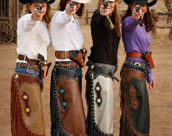 Leather Fringe Rodeo Chinks Chaps | Western Cowgirl Horse Riding Chinks Chaps Leggings, Handmade Studded Horse Riding Chaps, Western Wear