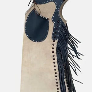 Hand-stitched Suede Fringe Arizona Bells Leggings – Arizona Bell Step-in Chaps, Genuine Leather Custom Gear for Rodeos and Horseback Riding