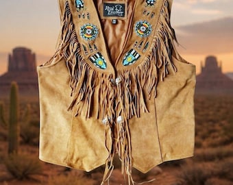Handmade Plains Indian Beaded Suede Leather Fringe Vest | Native American Inspired Western Buckskin Vest | Tribal Festival Leather Clothing