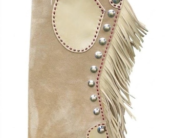Handsydda Arizona Bells-leggings med mockafransar – Arizona Bell Step-in-chaps, specialanpassad utrustning i äkta läder för rodeos och ridning