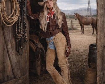 Western Wear Cowgirl Mocka Chaps med Fransar, Läderchaps med Tofsar, Ridchaps Dam, Ridchaps Dam, Rodeo Outfit Dam