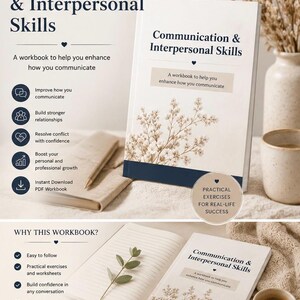 May include: A workbook titled Communication & Interpersonal Skills with a floral cover design. The workbook features practical exercises for real-life success, with sections on improving communication, building relationships, and resolving conflict.