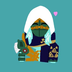 May include: Cartoon illustration of a character with a white hood, teal face, and dark blue clothing. The character is holding a green and white object and has a pink heart above its head. The background is a solid teal color.