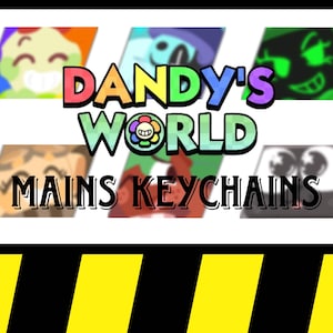 Op de afbeelding: Promotieafbeelding voor "Dandy's World Mains Keychains" met kleurrijke cartoongezichten in ruitvormen. De tekst is in een speels lettertype. Onderaan een zwart-gele streep.