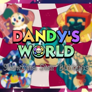 Puede incluir: Imagen con el texto "Dandy's World" en letras coloridas, y debajo "Showtime Star Buttons". El fondo es un patrón de cuadros rojos y blancos, con diseños en forma de estrella en varios colores.