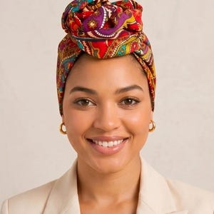 Peut inclure: Un foulard de tête à motifs cachemire colorés, dans les tons de rouge, violet, jaune et sarcelle. Le foulard est noué sur le dessus de la tête. La personne porte des créoles dorées et un blazer crème.