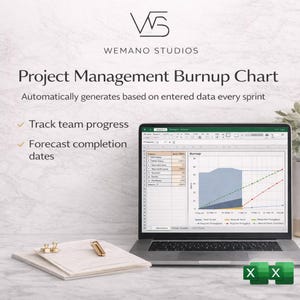 May include: A laptop displays a project management burnup chart, with a graph showing team progress and forecast completion dates. The image includes a notepad, a pen, and the text "Wemano Studios."
