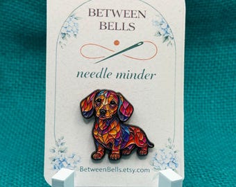 Colorful Dachshund Needle Minder, Stained Glass Wiener Dog Needle Holder for Cross Stitch, Embroidery, Needlepoint, Dog Lover Gift