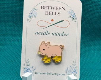 Pig in Boots Needle Minder | Yellow Rain Boots Pig | Cute Farm Animal | Farmhouse Gift | Cross Stitch Needle Holder