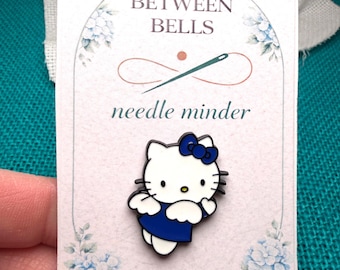 White Kitty Enamel Needle Minder, Blue Bow, Cross Stitch Embroidery Tool