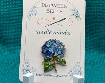 Blue Hydrangea Needle Minder, Hydrangea Flower Needle Holder for Cross Stitch, Embroidery, Needlepoint, Enamel Needle Minder