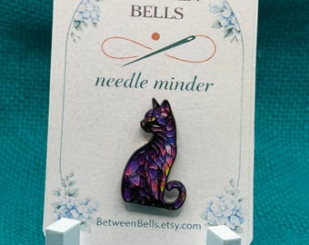 Purple Stained Glass Cat Needle Minder, Colorful Black Cat Enamel Needle Holder for Cross Stitch, Embroidery, Needlepoint, Gothic Cat Lover